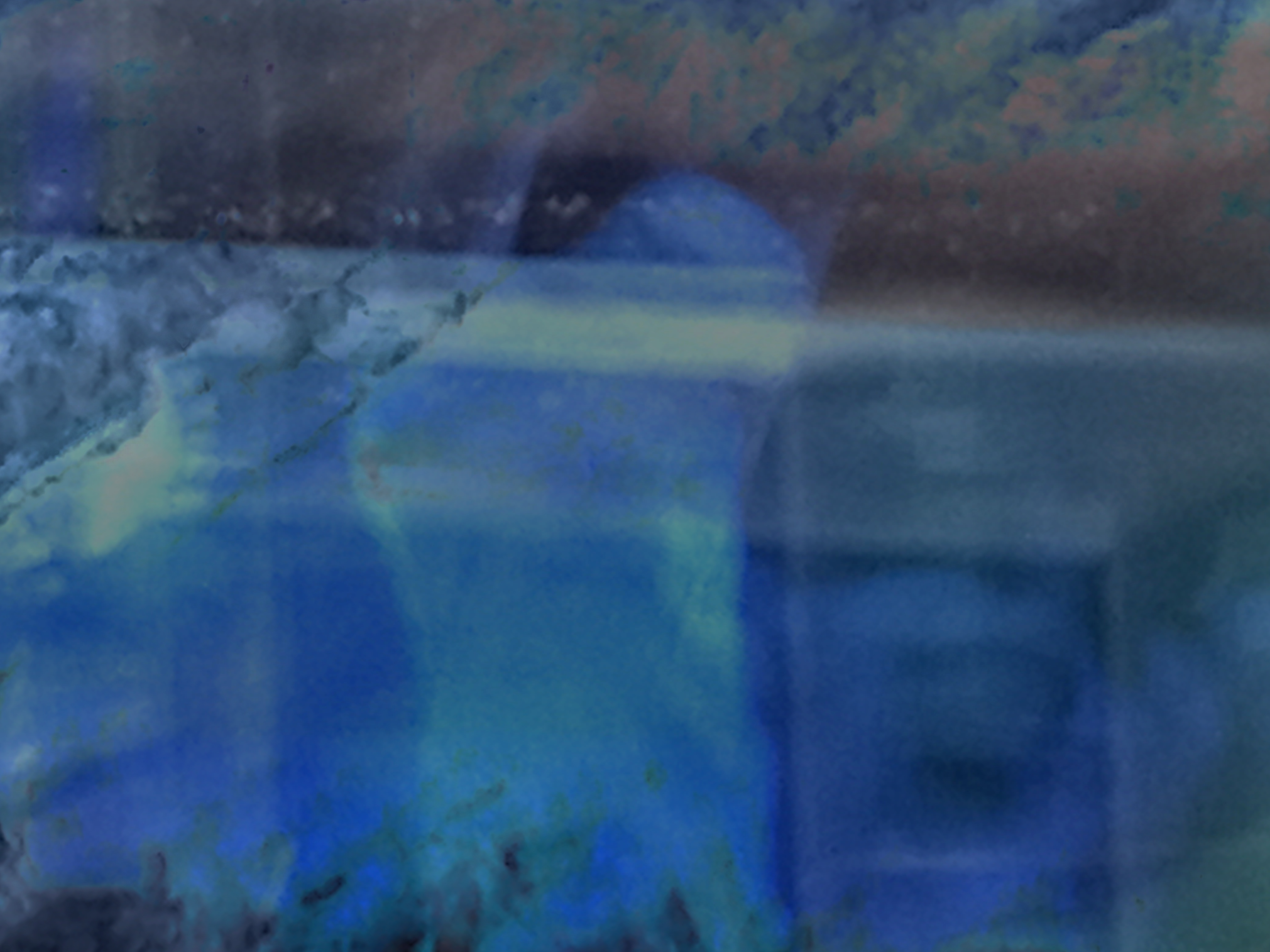 basketball game rendered into ghostly abstraction. marine blues & maroons. linear shapes in the backgrounds with clotted bumps. in the foreground a blue figure.