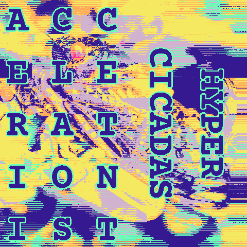 a glitching portrait of a cicada with text that reads: accelerationist hyper-cicadas